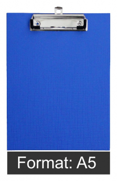 Klemmbrett / Schreibplatte / Klemmplatte economy aus Graupappe, A5, mit PVC-Folien Überzug, mit Drahtbügelklemme, leinengeprägt, Farbe: blau - 1 Stück