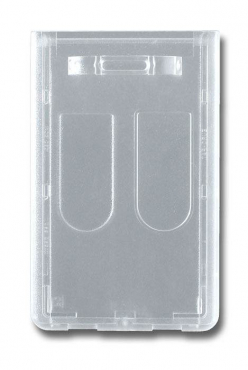 Kartenhalter / Cardholder / Namensschild, passend für 2 Karte, mit Daumenaussparung, mit Befestigungsbügel auf der kurzen Seite, aus Polycarbonat, Farbe: transparent matt - 100 Stück