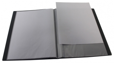 EXXO by HFP Sichtbuch / Sichthüllenmappe, A4, aus PP, mit 10 fest eingeschweißten und oben offenen Klarsichthüllen, mit Einschubtasche auf der Vorderseite, Farbe: transparent schwarz – 1 Stück