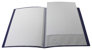 EXXO by HFP Sichtbuch / Sichthüllenmappe, A4, aus PP, mit 20 fest eingeschweißten und oben offenen Klarsichthüllen, mit Einschubtasche auf der Vorderseite, Farbe: transparent blau – 1 Stück