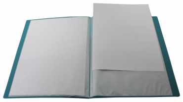 EXXO by HFP Sichtbuch / Sichthüllenmappe, A4, aus PP, mit 20 fest eingeschweißten und oben offenen Klarsichthüllen, mit Einschubtasche auf der Vorderseite, Farbe: transparent türkis– 1 Stück