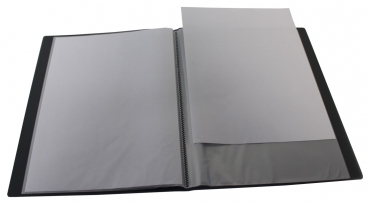 EXXO by HFP Sichtbuch / Sichthüllenmappe, A4, aus PP, mit 20 fest eingeschweißten und oben offenen Klarsichthüllen, mit Einschubtasche auf der Vorderseite, Farbe: transparent schwarz – 1 Stück