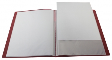 EXXO by HFP Sichtbuch / Sichthüllenmappe, A4, aus PP, mit 30 fest eingeschweißten und oben offenen Klarsichthüllen, mit Einschubtasche auf der Vorderseite, Farbe: transparent rot– 1 Stück