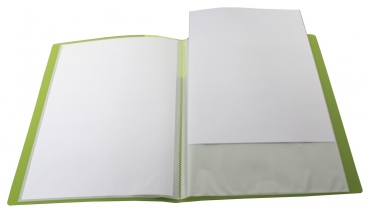 EXXO by HFP Sichtbuch / Sichthüllenmappe, A4, aus PP, mit 40 fest eingeschweißten und oben offenen Klarsichthüllen, mit Einschubtasche auf der Vorderseite, Farbe: transparent limone– 1 Stück
