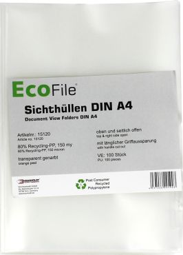 Sichthüllen/Aktenhüllen A4 nachhaltig aus Post-Consumer-Recycling PP 150 my transparent milchig genarbt, oben und seitlich offen – 100 Stück