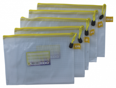 Kleinkrambeutel A5 Mesh Bag Reißverschlussbeutel aus faserverstäkrter PVC-Folie mit gelbem Reißverschluss – 5 Stück