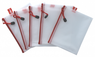Kleinkrambeutel A6+ Mesh Bag Reißverschlussbeutel aus faserverstärktem EVA PVC-Frei mit rotem Reißverschluss – 5 Stück