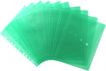 Dokumententaschen Sammelmappen Sichttaschen A4 quer transparent grün - Dokumentenmappe zum Abheften mit EURO-Lochung, Abheftrand, Klappe und Klettverschluss - 10 Stück