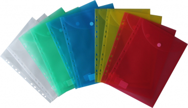 Dokumententaschen Prospekthüllen Sichttaschen A4 hoch transparent farbig sortiert - Dokumentenmappe zum Abheften mit EURO-Lochung, Abheftrand, Klappe und Klettverschluss - 10 Stück