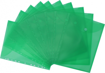 Dokumententaschen Prospekthüllen Sichttaschen A4 hoch transparent grün- Dokumentenmappe zum Abheften mit EURO-Lochung, Abheftrand, Klappe und Klettverschluss - 10 Stück