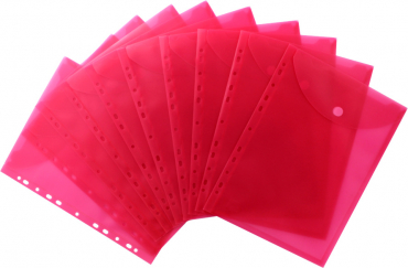 Dokumententaschen Prospekthüllen Sichttaschen A4 hoch transparent rot- Dokumentenmappe zum Abheften mit EURO-Lochung, Abheftrand, Klappe und Klettverschluss - 10 Stück