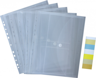 Dokumententaschen A4 quer mit Klettverschluss, Abheftrand, 2 CD-Taschen, 20mm Füllhöhe transparent klar, aus PP - 5 Stück