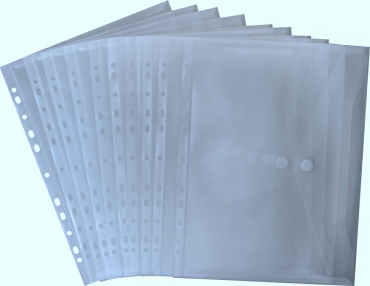 Dokumententaschen Sammelmappen Sichttaschen A4 quer transparent farblos- Dokumentenmappe zum Abheften mit EURO-Lochung, Abheftrand, Klappe und Klettverschluss - 10 Stück