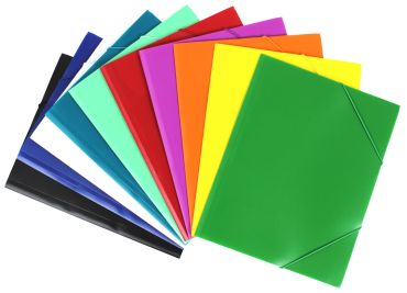Eckspanner / Gummizugmappe  A4 aus PP-Folie, mit 15 mm Füllhöhe, mit Gummizug und 3 Einschlagklappen, Farbe: Perlfarben farblich sortiert – 10 Stück