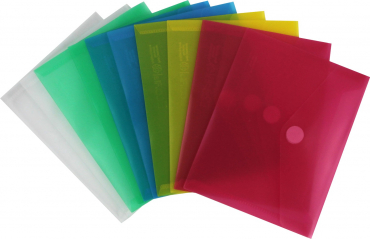 Nachhaltige Dokumententaschen A6 quer mit Klettverschluss aus Post-Consumer-Recycling PP transparent farbig sortiert – 10 Stück