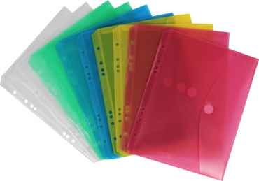 Nachhaltige Dokumententaschen A5 quer mit Klettverschluss aus Post-Consumer-Recycling PP mit Abheftrand EURO-Lochung, transparent farbig sortiert – 10 Stück