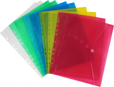 Nachhaltige Dokumententaschen A4 quer mit Klettverschluss aus Post-Consumer-Recycling PP mit Abheftrand EURO-Lochung, transparent farbig sortiert – 10 Stück