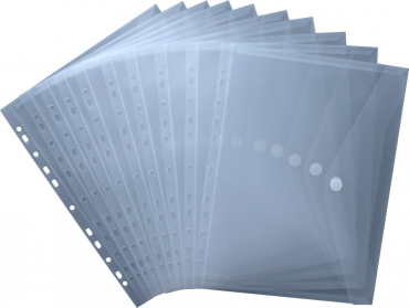 Nachhaltige Dokumententaschen A4 quer mit Klettverschluss aus Post-Consumer-Recycling PP in transparent natur mit Abheftrand EURO-Lochung - 10 Stück