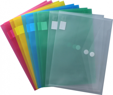 Dokumententaschen A4 quer mit Klettverschluss, transparent farbig sortiert, aus PP - 10 Stück