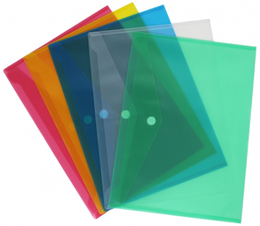 Dokumententaschen / Sammeltasche / Sammelmappe A3 quer mit Klettverschluss, transparent farblich sortiert, aus PP - 5 Stück