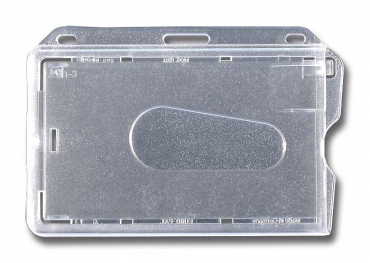 Kartenhalter / Cardholder / Namensschild,passend für 1 Karte, mit Daumenaussparung, mit Ründlöchern und Langloch, aus Polykarbonat, Farbe: transparent matt - 100 Stück