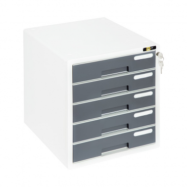 Hochwertige Schubladenbox / Ablagebox / Ordnungsbox / Dokumentenbox, passend für A4, abschließbar mit Schloss, mit 5 Fächern und Beschriftungsfeldern, aus Kunststoff, Farbe: weiß/grau– 1 Stück