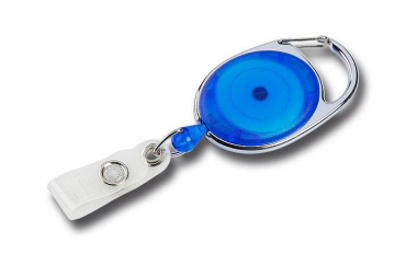 JOJO – Ausweishalter Ausweisclip Schlüsselanhänger ovale Form, Metallumrandung Druckknopfschlaufe, Farbe transparent blau - 100 Stück
