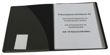 EXXO by HFP Präsentationsbuch / Sichthüllenmappe / Sichtbuch, A4, aus PP, mit 10 fest eingeschweißten und oben offenen Klarsichthüllen, mit klarer Außentasche und Innentasche auf dem Vorderdeckel, Farbe: schwarz – 1 Stück
