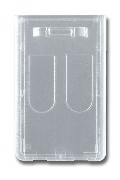 Kartenhalter / Cardholder / Namensschild, passend für 2 Karte, mit Daumenaussparung, mit Befestigungsbügel auf der kurzen Seite, aus Polycarbonat, Farbe: transparent matt - 100 Stück