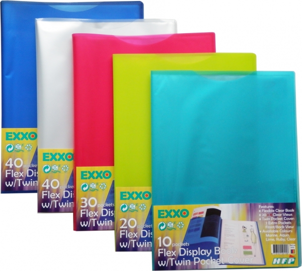 EXXO by HFP Flexibles Sichtbuch / Sichthüllenmappe / Soft-Schtbuch, A4, aus PP, mit 20 fest eingeschweißten und oben offenen Klarsichthüllen, mit Hülle auf dem Front- und Rückendeckel, Farbe: transparent farbig sortiert – 30 Stück
