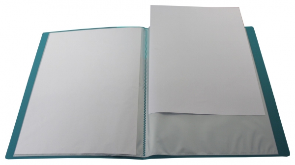 EXXO by HFP Sichtbuch / Sichthüllenmappe, A4, aus PP, mit 10 fest eingeschweißten und oben offenen Klarsichthüllen, mit Einschubtasche auf der Vorderseite, Farbe: transparent türkis – 1 Stück