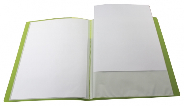 EXXO by HFP Sichtbuch / Sichthüllenmappe, A4, aus PP, mit 10 fest eingeschweißten und oben offenen Klarsichthüllen, mit Einschubtasche auf der Vorderseite, Farbe: transparent limone – 1 Stück