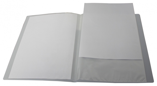 EXXO by HFP Sichtbuch / Sichthüllenmappe, A4, aus PP, mit 10 fest eingeschweißten und oben offenen Klarsichthüllen, mit Einschubtasche auf der Vorderseite, Farbe: transparent weiss – 1 Stück