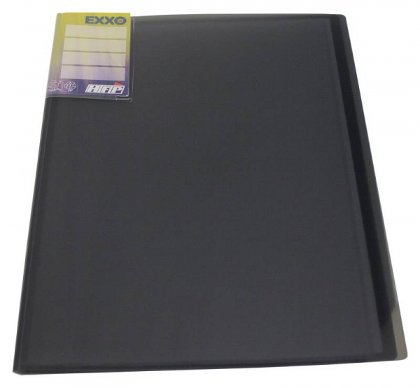 EXXO by HFP Sichtbuch / Sichthüllenmappe, A4, aus PP, mit 40 fest eingeschweißten und oben offenen Klarsichthüllen, mit Einschubtasche auf der Vorderseite, Farbe: transparent schwarz– 1 Stück