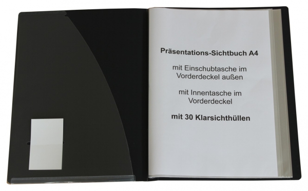 EXXO by HFP Präsentationsbuch / Sichthüllenmappe / Sichtbuch, A4, aus PP, mit 30 fest eingeschweißten und oben offenen Klarsichthüllen, mit klarer Außentasche und Innentasche auf dem Vorderdeckel, Farbe: schwarz – 1 Stück