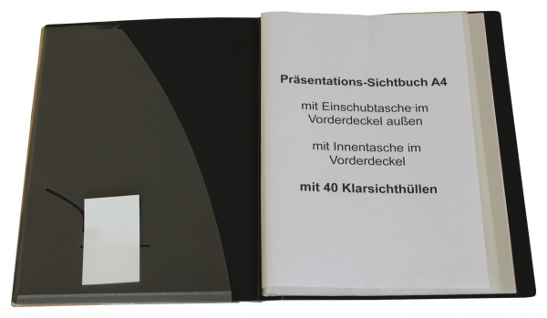 EXXO by HFP Präsentationsbuch / Sichthüllenmappe / Sichtbuch, A4, aus PP, mit 40 fest eingeschweißten und oben offenen Klarsichthüllen, mit klarer Außentasche und Innentasche auf dem Vorderdeckel, Farbe: schwarz – 1 Stück