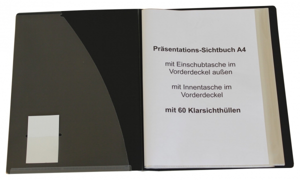 EXXO by HFP Präsentationsbuch / Sichthüllenmappe / Sichtbuch, A4, aus PP, mit 60 fest eingeschweißten und oben offenen Klarsichthüllen, mit klarer Außentasche und Innentasche auf dem Vorderdeckel, Farbe: schwarz – 1 Stück