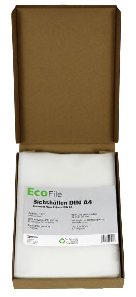 Sichthüllen/Aktenhüllen A4 nachhaltig aus Post-Consumer-Recycling PP 150 my transparent milchig genarbt, oben und seitlich offen – 100 Stück