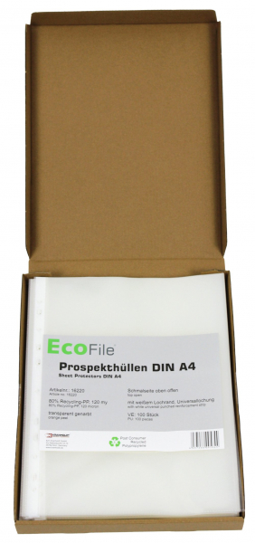 Prospekthülle A4 nachhaltig aus Post-Consumer-Recycling PP 120 my transparent genarbt, mit Abheftrand, Schmalseite oben offen – 100 Stück