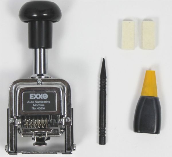 Paginierstempel / Nummernstempel / Nummerierungsstempel, automatischer Stempel, aus Metall und Kunststoff, für bis zu 6 Stellen, mit Stempelkissen, mit Stempelstab, mit Stempelfarbe, Farbe: silber / schwarz – 1 Stück