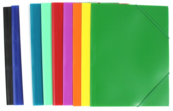 Eckspanner / Gummizugmappe  A4 aus PP-Folie, mit 15 mm Füllhöhe, mit Gummizug und 3 Einschlagklappen, Farbe: Perlfarben farblich sortiert – 10 Stück