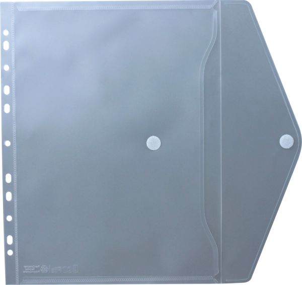 Nachhaltige Dokumententaschen A4 quer mit Klettverschluss aus Post-Consumer-Recycling PP in transparent natur mit Abheftrand EURO-Lochung - 10 Stück