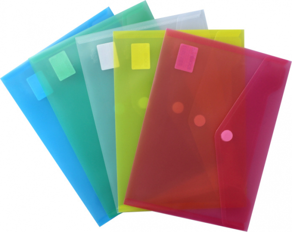 Dokumententaschen Sammelmappen Sichttaschen A5 quer transparent farbig sortiert- Dokumentenmappe mit Klappe und Klettverschluss - 10 Stück