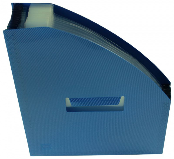 EXXO by HFP Fächer-Stehsammler / Fächertasche / Aktentasche, passend für A4 Unterlagen, 12 Fächer, aus PP, dehnbar bis 30 cm, mit Klarsicht-Taben und Tragegriff, Farbe: transparent blau – 1 Stück