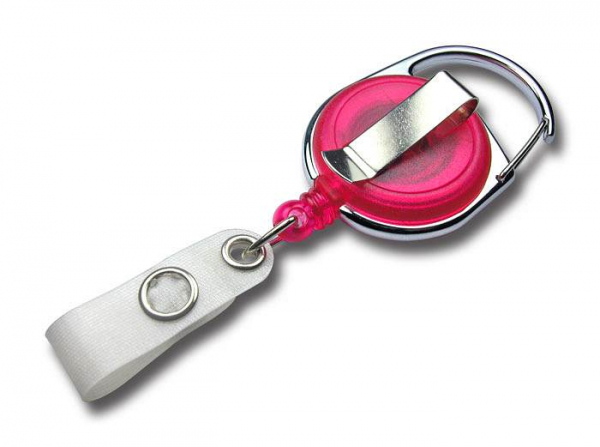 JOJO – Ausweishalter Ausweisclip Schlüsselanhänger runde Form Metallumrandung Druckknopfschlaufe Farbe transparent pink - 100 Stück