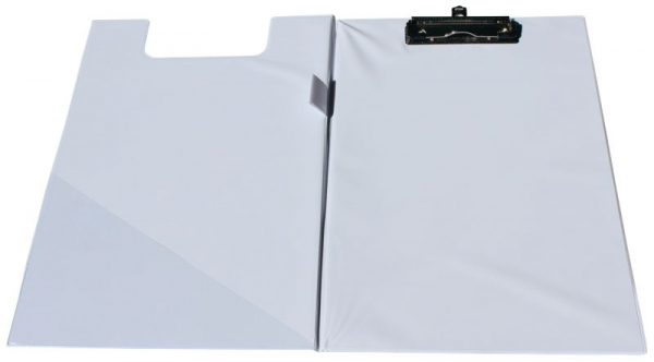 Klemmbrettmappe / Schreibmappe / Clipboard-Mappe A4 economy aus Graupappe, mit PVC-Folien Überzug, mit Drahtbügelklemme und Vorderdeckel, leinengeprägt, Farbe: weiss - 1 Stück