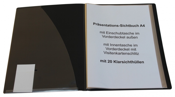EXXO by HFP Präsentationsbuch / Sichthüllenmappe / Sichtbuch, A4, aus PP, mit 20 fest eingeschweißten und oben offenen Klarsichthüllen, mit klarer Außentasche und Innentasche auf dem Vorderdeckel, Farbe: schwarz – 1 Stück